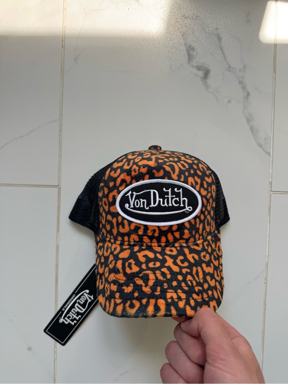 Von Dutch Black Mesh Trucker Hat with Orange Leopard Print